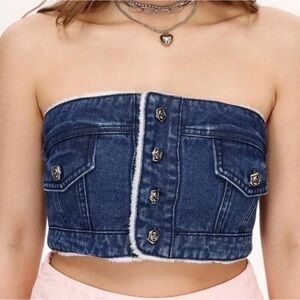 Cider Strapless Denim Top/Blouse (Size L)With Buttons and Faux Pockets Y2K Style